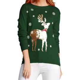 v28 Ugly Christmas Sweater, Women Girls Cute Shining Reindeer Pullover Sweater (M, Dark Green (Light-Gold Deer))