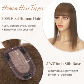 S-noilite Human Hair Toppers for Women with Bangs 100% Real Human Hairpiece 5"x3" Clip in Silk Base Topper Piece Cover Thinning Fine Hair 12 inch Chestnut Brown