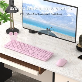 KEQTFT Wireless Keyboard and Mouse Combo, 110 Round Quiet Keys, Adjustable Optical Mouse, Share 1xUSB Receiver, Power Switch, for Windows Mac(Pink)