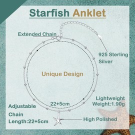 Loutade Silver Women's Anklets, 925 Sterling Silver Silver Ankle Bracelet, Starfish Bead Silver Anklets Adjustable Beach Barefoot Silver Foot Chain Silver Jewelry for Girls Teen on Summer Holiday