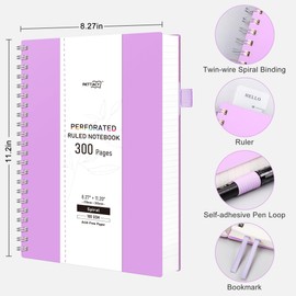 RETTACY Spiral College Ruled Notebook, 300 Perforated Pages, A4 Large Size (8.2" x 11.2"), for School, Work, Writing, Journaling, 100 GSM Thick Paper, Flexible Plastic Cover (Lilac)