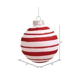 Vickerman 3" White and Red Glitter Stripe Ball Ornament - Iridescent Stripes - Pack of 4 - Festive Christmas Peppermint Decorations - Made from Shatterproof Plastic