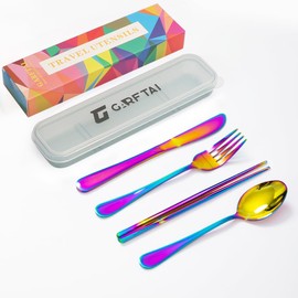 GARFTAI Portable travel utensils set with case. stainless Steel 4pcs travel silverware set. Reusable camping utensils silverware. Include knife fork spoon chopsticks with case (Rainbow), Suitable