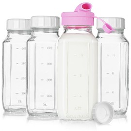 Sovietiep 4 Pack 16 Oz Square Glass Milk Bottle with A Silicone Dispenser Cap, Glass Juice Bottles with Airtight Screw Lid, Reusable Drinking Bottles with Capacity Marks, Breastmilk Storage Container