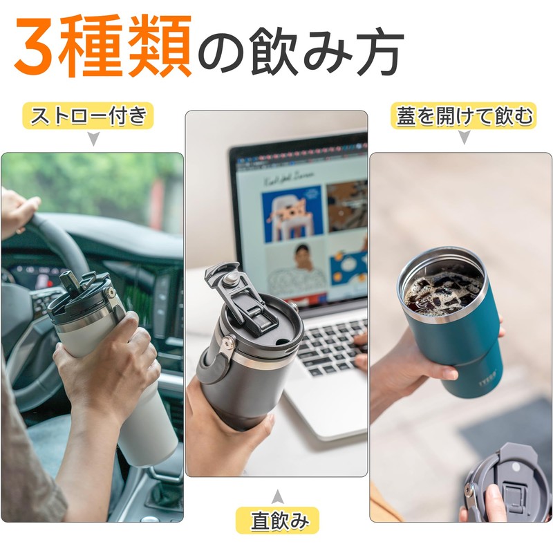 TYESO Tumbler with Straw, 600ml Coffee Thermos, Vacuum Insulated, Double