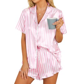 HOTOUCH Womens Silk Satin Set Two-Piece Button Down Short Sleeve Sleepwear Pajamas Hot Pink Striped, XX-Large