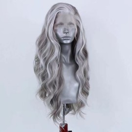 RONGDUOYI 24Inch Grey Mixed White Natural Wave Wig for Women Highlight Lace Front Wig with Natural Hairline Free Part Synthetic Daily Wear Wig,150% Density