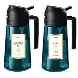 TrendPlain 16oz/470ml Blue Glass Olive Oil Sprayer for Cooking - 2 in 1 Olive Oil Dispenser for Kitchen Gadgets, Air Fryer, Salad, and BBQ - 2 Black