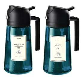 TrendPlain 16oz/470ml Blue Glass Olive Oil Sprayer for Cooking - 2 in 1 Olive Oil Dispenser for Kitchen Gadgets, Air Fryer, Salad, and BBQ - 2 Black