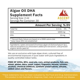 Ascent Nutrition Algae Oil DHA Omega-3's | Vegan and Vegetarian | 1000 mg DHA and 10 mg EPA | Organic Lemon Flavor | 60ml