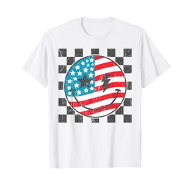 Happy 4th Of July Groovy Smile Face Red White Blue USA Flag T-Shirt