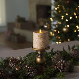 Luminara Real Birch Bark Wrapped Flameless LED Candle, 3.5" x 4.5", Battery Operated Moving Flame Pillar Light with Timer - Natural Decor Unscented