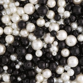 Glass Pearl Beads, Black and White Beads with Pearl Treatment; 4mm, 6mm, 8mm and 10mm Beads. 490 Pieces. for Jewellery Making and Arts and Crafts