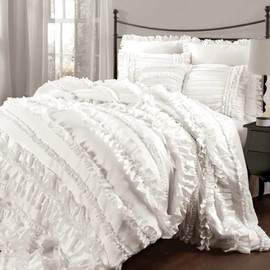 4 Piece Cream White Comforter Set Twin XL Size Ruffled Texture French Country Bedskirt Ivory Shade Extra Soft | Shabby Chic Bedding Ultra Plush Fluffy Warm Pillow Shams Solid Color Feminine Casual