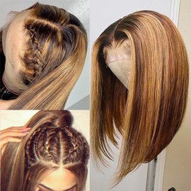 Bob Wig Human Hair Lace Front Human Hair Wigs 13 x 4 Lace Front Wigs Brazilian Straight Bob Wig Human Hair 180% Density Short Bob Wigs for Black Women Highlight Blonde #4/27 Colour (14 Inches)