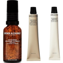 Grown Alchemist Detox Essentials Kit: Niacinamide Serum (30 ml), Mattifying Moisturizer (12 ml) and Cleansing Mask (20 ml).