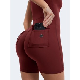 YEOREO CoreFlex Sleeveless Workout Jumpsuit With Pockets Zip Up Back Scrunch Gym Romper for Women Yoga Wine S
