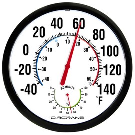 Circrane 13.25 Inch Round Thermometer with Hygrometer, Large Indoor Wall Patio Bimetal Weather Thermometer, No Battery Required, Black