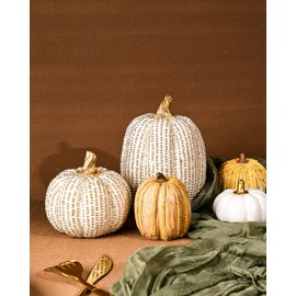 DN DECONATION 2 PCS Thanksgiving Resin Pumpkin Figurine, Fake Pumpkin Statues for Decorating, White and Gold Glitter Pumpkins for Table Centerpiece for Farmhouse, Fall, Gift