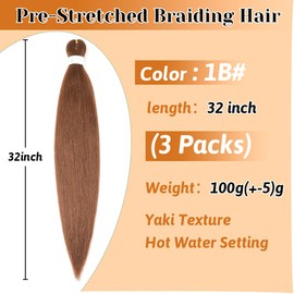 Pre stretched Braiding Hair 32 Inch Brown Braiding Hair Extensions Yaki Braids Hair Hot Water Setting Synthetic Hair Colored Braiding Hair Pre stretched Crochet Hair(32Inch,3 Packs,30#)