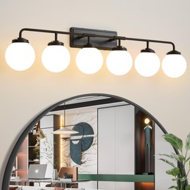 Deyidn Bathroom Light Fixtures Over Mirror, 6-Light Matte Black Vanity Lighting with Milk White Glass Globe Shades Modern Wall Sconce