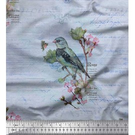 Soimoi Cotton Canvas Fabric Text,Floral & European Greenfinch Bird Decor Fabric Printed metre 42 Inch Wide