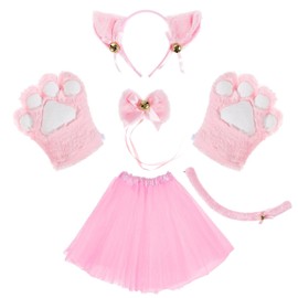 KEESIN Cat Cosplay Set, Costume Cat Costume Set Plush Claw Gloves Cat Kitten Ears Tail with Tutu Skirt for Children Women Cat Costume Adults for Carnival Party (Pink)