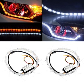 GrandviewTM 2pcs Flexible Car Led Strip, Crystal DRL Led Lights Daytime Running Light Flowing Turn Signal Light Headlight White/Amber Fog Lamp 12V