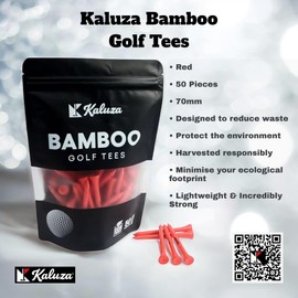 Kaluza Eco-Friendly Bamboo Golf Tees - 50 Pieces | 70mm Biodegradable & Compostable | Durable Sustainable Alternative to Plastic and Wood Tees | Colour: Red