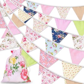 Alintor 45.9ft Bunting, 46pcs Floral Bunting Flags + Drawstring Bag, Garden Bunting, Vintage Fabric Bunting, Bunting Banner for Party Birthday, Afternoon Tea, Spring Decorations