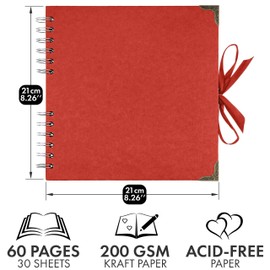 Bstorify Bstorify Square Scrapbook Photo Albums 8 x 8 Inch Red Thick Paper, Hardcover, Metal Corners, Ribbon Closure - Ideal for Your Scrapbooking Albums, Art & Craft Projects