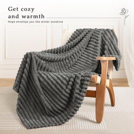 Exclusivo Mezcla Fleece Throw Blanket for Couch, Super Soft 3D Striped Jacquard Bed Blanket, Lightweight Fuzzy Cozy Blankets for All Seasons, 50x60 Inches, Dark Grey Blanket