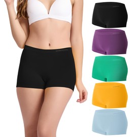 BAMBOO COOL Women's Boyshort Panties Seamless High Waist Underwear Stretchy Moisture Wicking Boxer Briefs for Ladies 5 Pack