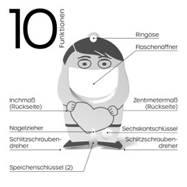 RICHARTZ Bottle Opener Fred Heart | Multitool Keyring | 10 Practical Functions | Matt Blasted Stainless Steel | Key Ring Tool with Function Description