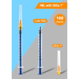 100 Pack 1ml 25G 1-Inch Luer Slip Science Lab Syringe, Individually Sealed for Labs, Liquid Measuring, and Dispensing