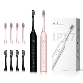 SUNPRO 2-Pack Sonic Electric Toothbrush with 6 Cleaning Modes and Built in 2-Minute Timer, 42000 VPM Toothbrush with 8 Brush Heads(Black+Pink)