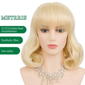 Blonde Curly Womens Wig Retro Wig with Bangs Shoulder Length Wig Bob Wig for Parties Cosplay Halloween Use