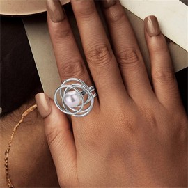 Stainless Steel Pearl Band Rings for Women Large Round Bead Line Circle Thick Chunky Ring Bohemian Statement Knuckle Finger Bands Jewelry (Silver)