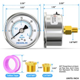 MEANLIN MEASURE 0~30Psi Dry Low Pressure Gauge Stainless Steel 1/8" NPT 2" FACE DIAL Waterproof for Pool Sand Filter Water Oil Air Pressure Test Back Mount, with 1/4" NPT and 3/8" NPT Hex Bushing