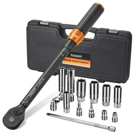 TAGVIT 14 PCS Swivel Magnetic Spark Plug Socket Set with Torque Wrench 3/8 Inch Drive, 5-45 Ft.lb 72 Tooth Click Torque Wrench with Universal Joint, Extension Bar, Bits for Easy Spark Plug Removal