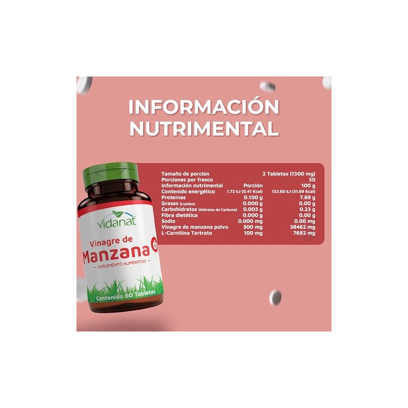 Vidanat Vinagre de Manzana 60 Tabletas Complemento Alimenticio de Calidad