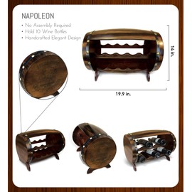 Puzzled Napoleon Wine Rack - Freestanding Wooden Barrel Wine Holder for 10 Wine Bottles, Bottle Rack Floor Stand, Table Top, Rustic Countertop Wine Storage Shelf Organizer for Wine Bar & Home Decor