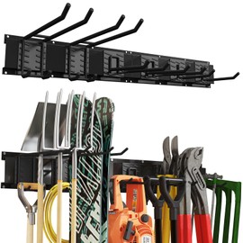 Howzone 64 Inches Garage Organization, Wall Mount Garden Tool Organizer, 880lbs Adjustable Heavy Duty Metal Hanging Hooks, Garden Tool Storage Rack for Garage, Yard, and Shed (4 Racks, 12 Hooks)