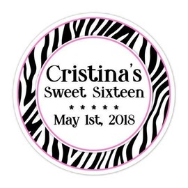 Sweet 16 Birthday Labels, Hot Pink and Black and White Zebra Print Birthday Labels (36 count)