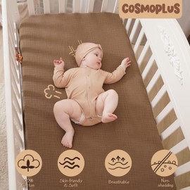 COSMOPLUS-Muslin-Crib-Sheets-for-Girls-Boys-Neutral-Baby,2 Pack Boho Crib Matress Sheet,Fitted Crib Sheet for Standard Crib Mattress & Toddler Bed Mattress,Organic Cotton,Ivory & Iced Coffee