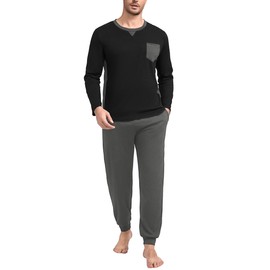 Marvmys Mens Pyjamas Set Long Sleeve Cotton Top & Bottom Pants With Pockets Soft Crew Neck Loungewear Nightwear Pjs