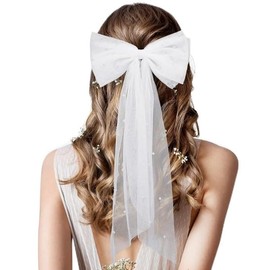 Mimalexin Wedding Pearl Hair Bow Veil, White Bow Tulle Veil Hair Clip, Organza Hair Clip for Bride Bachelorette Shower Gift Bridesmaid Engagement Wedding Party Decoration