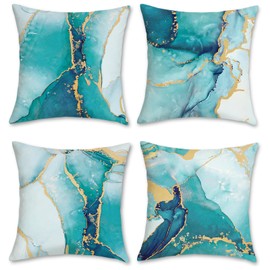 Bonhause Turquoise Marble Cushion Covers 45 x 45 cm Double Sided Teal Gold Abstract Modern Decorative Throw Pillow Covers Soft Velvet Pillowcases for Sofa Patio Home Decor Set of 4