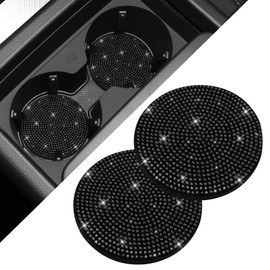 2PCS Bling Car Cup Coasters, Crystal Rhinestone Auto Cup Holder Insert Coaster, Anti-Slip Shockproof Diamond-Encrusted Car Water Coaster, Universal Automotive Accessories for Women (Black)