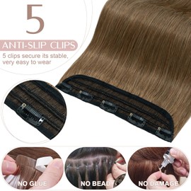 16" Real Hair Clip in Human Hair Extensions One Piece Thick 100% Remy 3/4 Full Head Hair Pieces for Women 5 Clips Straight Natural (80g,#6 Light Brown)